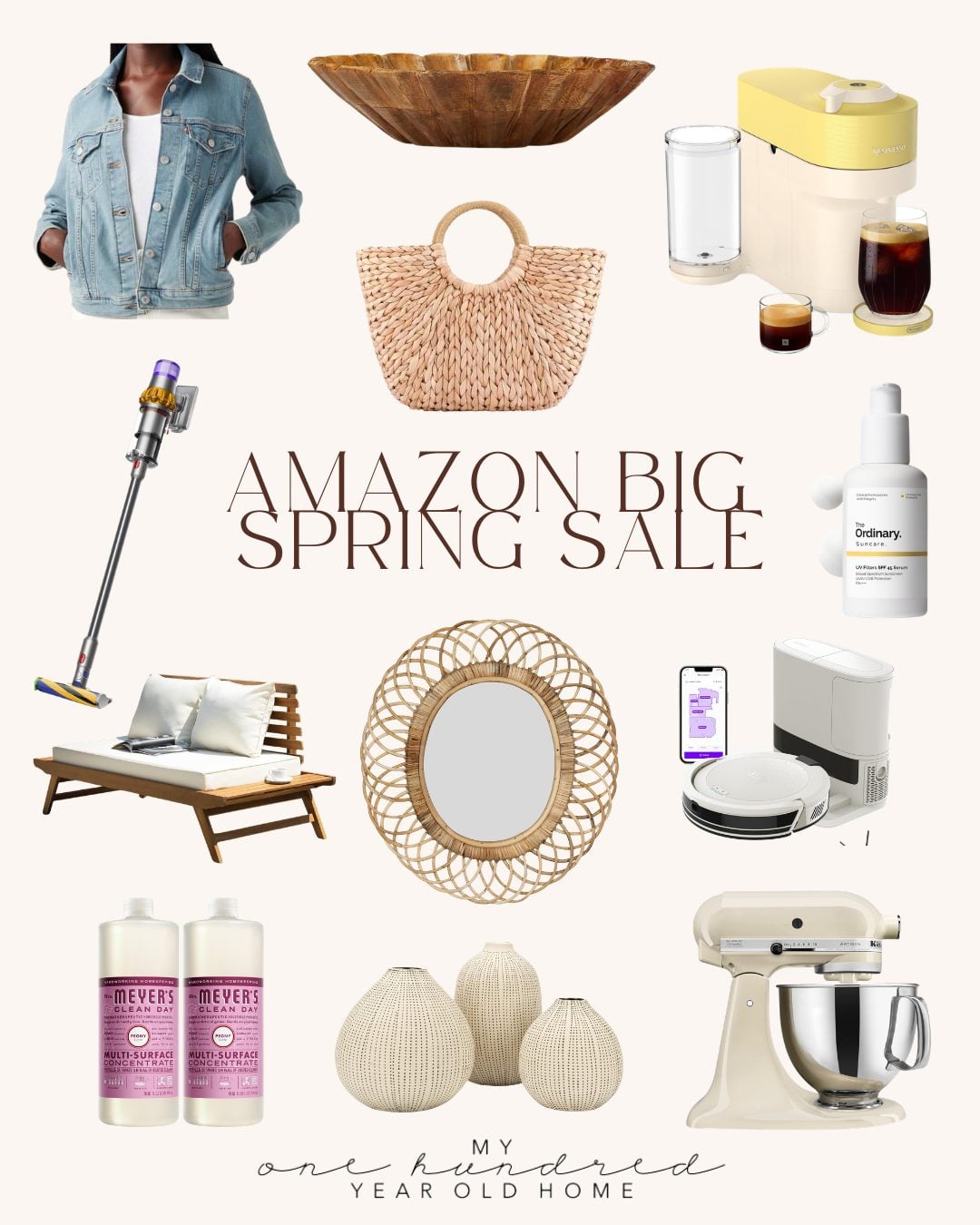 Collage of various home and lifestyle products, like a denim jacket, mixer, coffee maker, straw bag, and more&mdash;all featured in the Amazon Big Spring Sale.