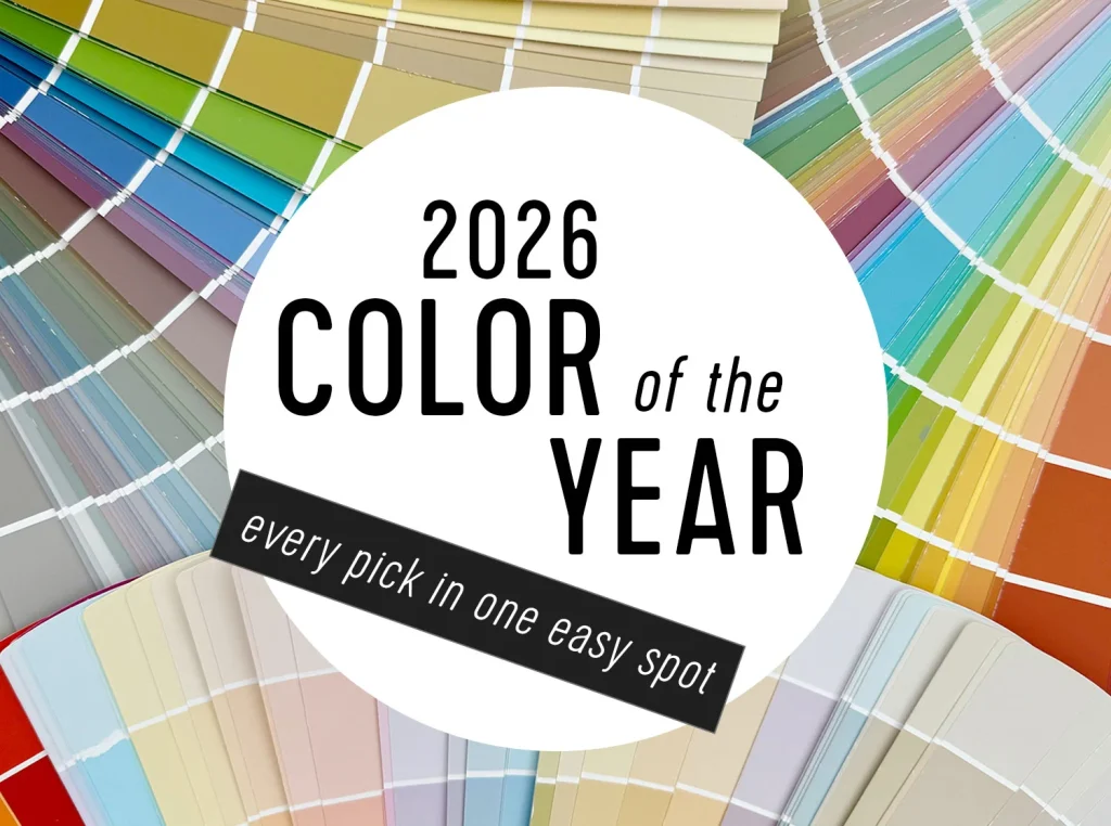 Fan decks of paint sample cards in various colors surround a white circle with text reading, "2026 Color of the Year, every pick in one easy spot.