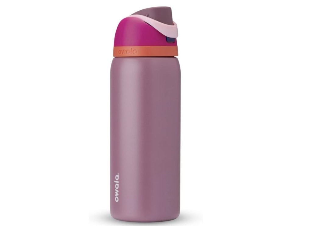 A purple Owala water bottle with a pink and orange lid, featuring a flip-top spout and the Owala logo printed vertically near the base&mdash;perfect for grabbing during the Amazon Big Spring Sale.