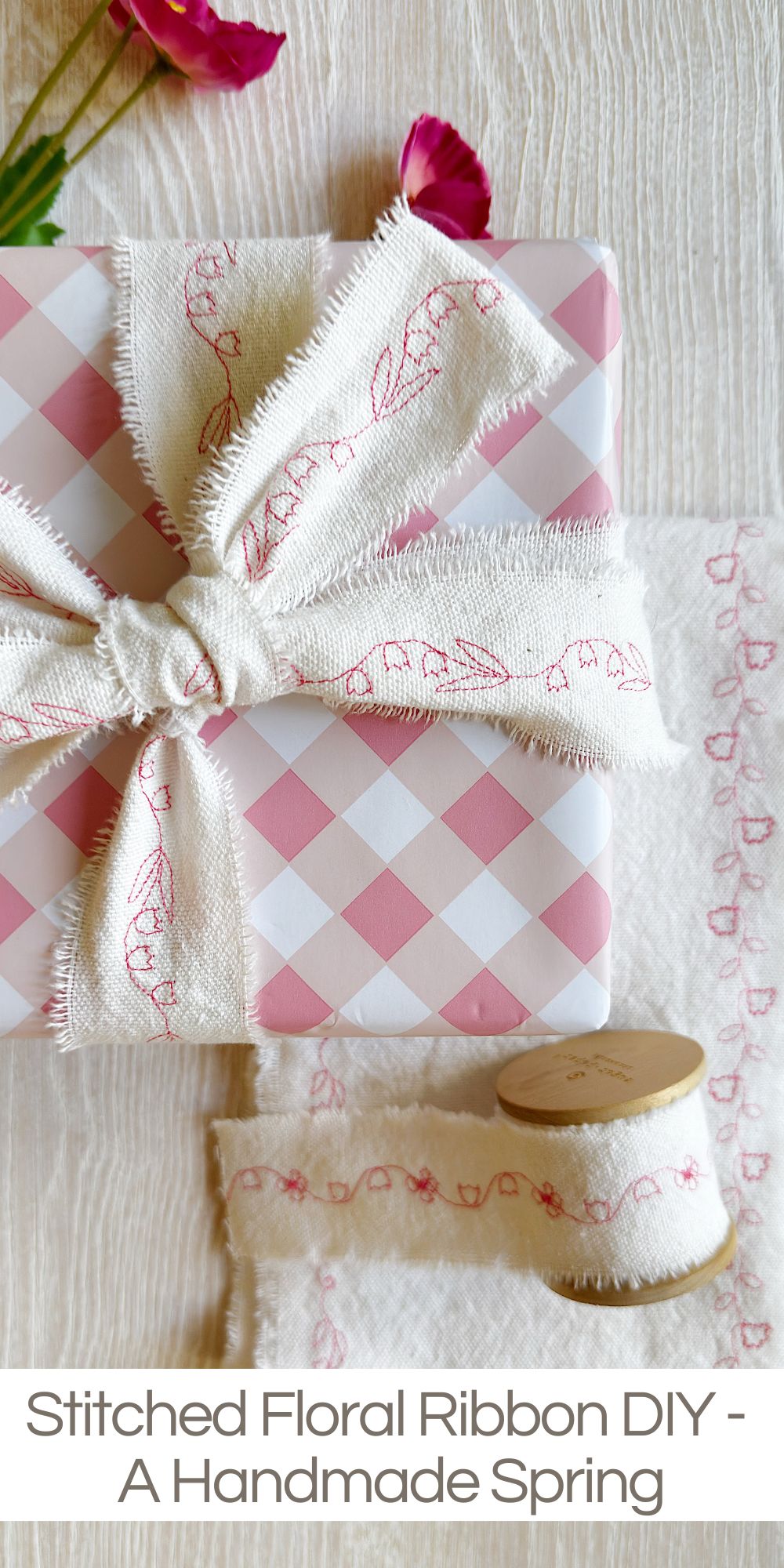 This Stitched Floral Ribbon DIY transforms simple muslin fabric into beautifully embroidered ribbon using decorative stitches found on almost every sewing machine.