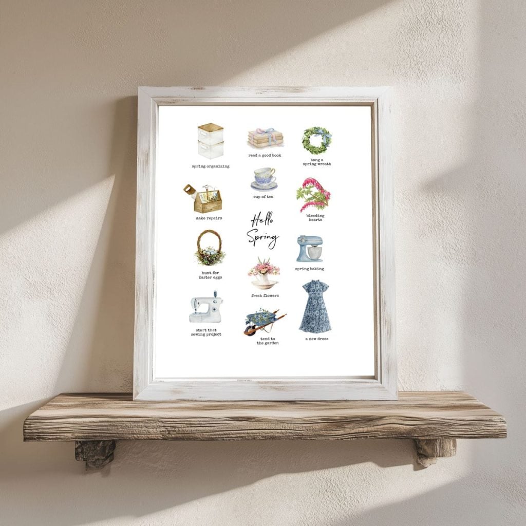 A framed print on a wooden shelf displays spring-themed illustrations and phrases such as “Hello Spring,” floral wreaths, gardening tools, and a pitcher.