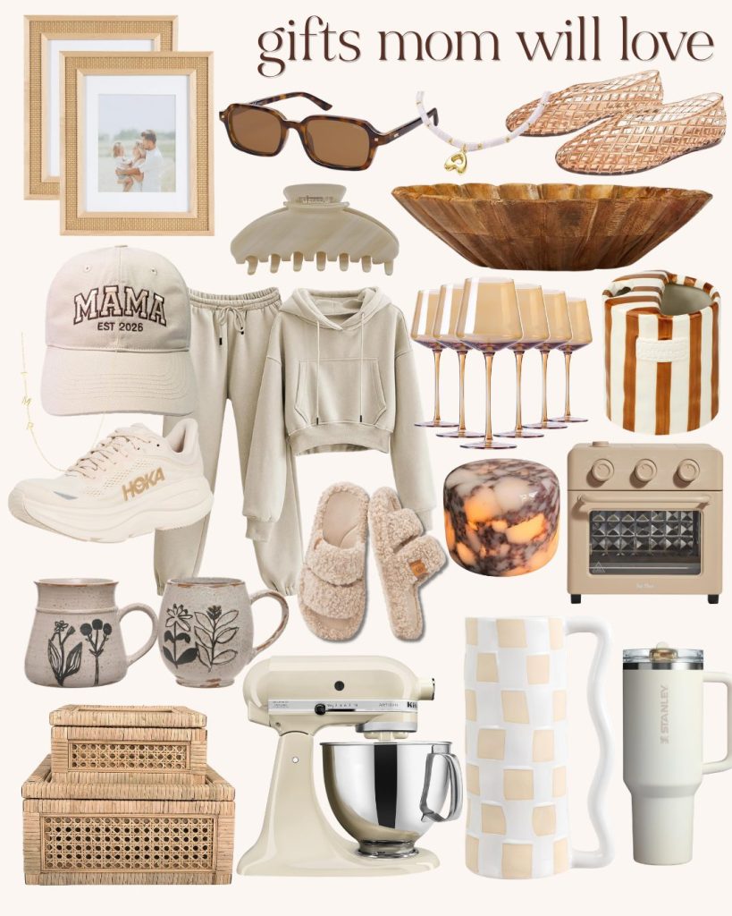 A collage of Mother&rsquo;s Day gifts Amazon shoppers love, featuring clothing, kitchenware, drinkware, framed photos, slippers, baskets, a mixer, and various neutral-toned home accessories for moms.