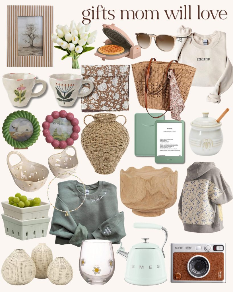 A collage of various gift items for moms, including mugs, sweaters, baskets, a kettle, sunglasses, a camera, decor items, and kitchenware features the text "gifts mom will love"&mdash;perfect ideas for Mother&rsquo;s Day Gifts Amazon shoppers will adore.