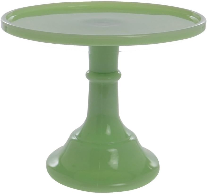 Green cake stand with a round flat top and a single pedestal base.