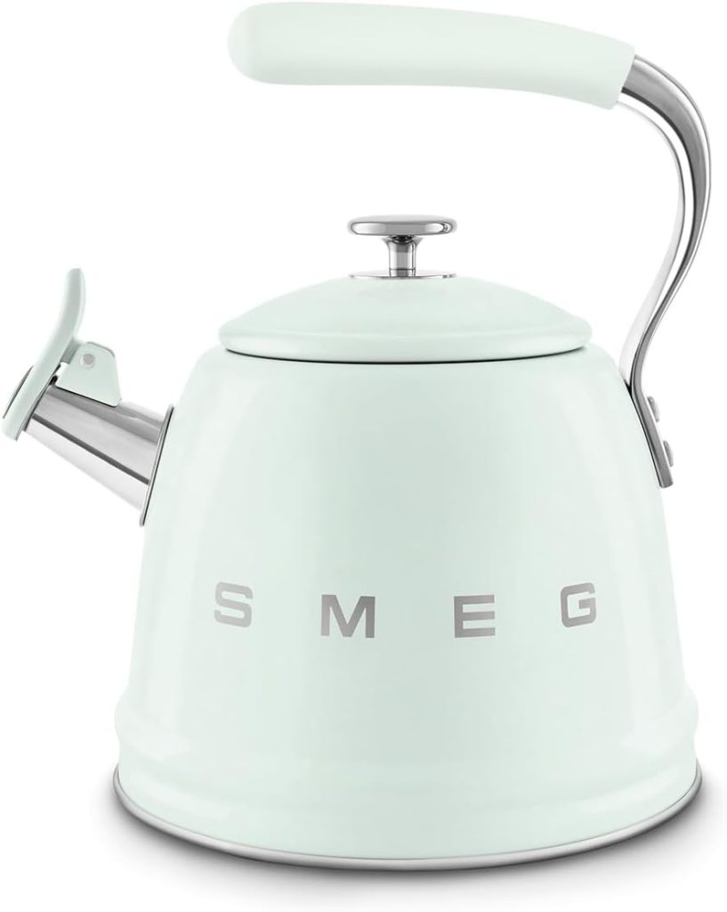 A pastel green SMEG stovetop kettle with a curved handle, spout cap, and the brand name printed on the side&mdash;an elegant choice among Mother&rsquo;s Day Gifts on Amazon.