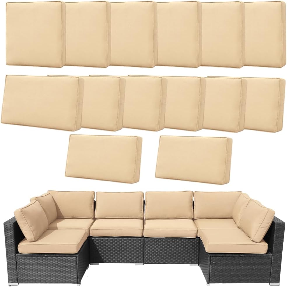 Beige outdoor sofa cushions arranged above a black wicker sectional sofa, showing both individual cushions and the full assembled seating.