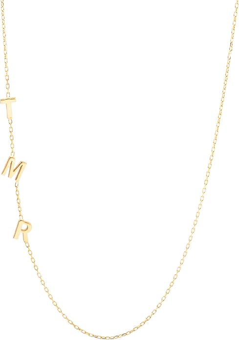 Gold chain necklace featuring three hanging letter charms: T, M, and R, arranged vertically on one side of the chain.