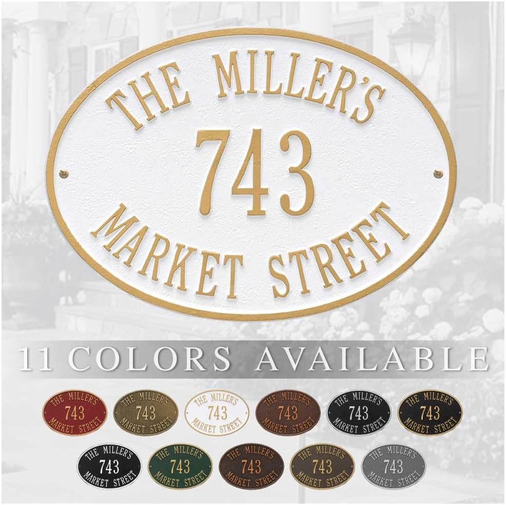 Oval address plaque displaying "The Miller's 743 Market Street" in gold text on white; a charming name for your home, with eleven color options shown below the plaque.