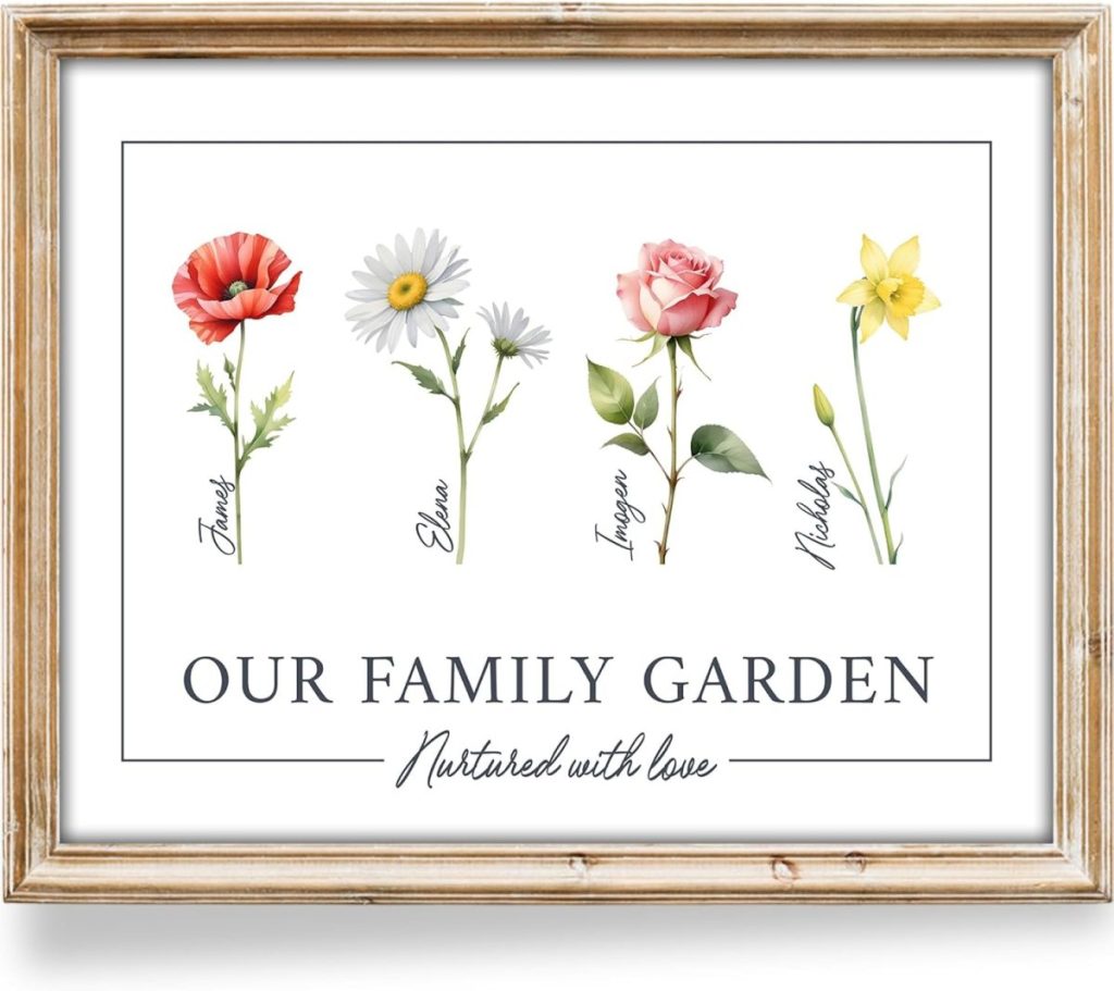 Framed print with illustrations of four different flowers labeled James, Ellen, Imogen, and Nicholas, above the text "Our Family Garden, Nurtured with love.