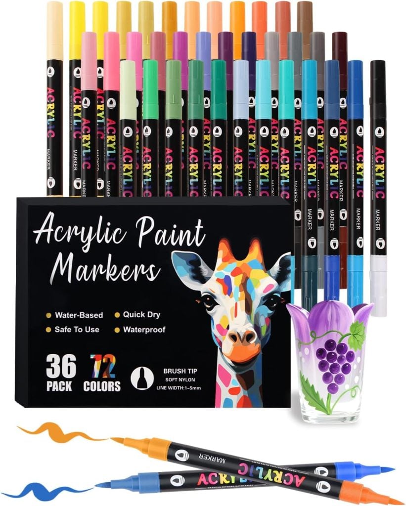 A set of 36 acrylic paint markers in various colors, with a black box featuring a giraffe illustration. Includes examples of painted glass, handpainted shells, and markers shown in use.