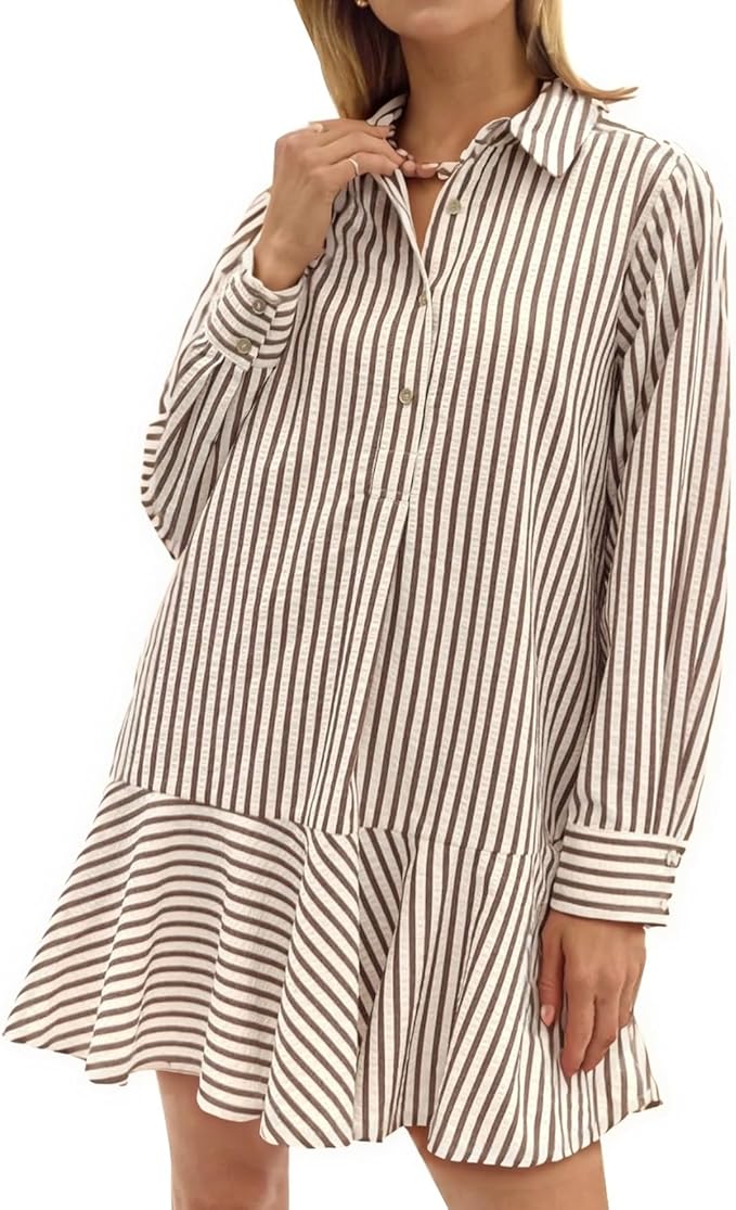 A woman wears a long-sleeve, button-down, brown and white vertically striped dress with a flared, ruffled hem&mdash;an elegant choice for Mother&rsquo;s Day gifts on Amazon.