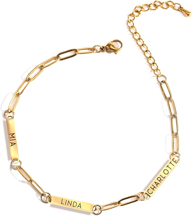 Gold chain bracelet with three rectangular nameplates engraved with "MIA," "LINDA," and "CHARLOTTE," featuring a lobster clasp and adjustable extension chain.
