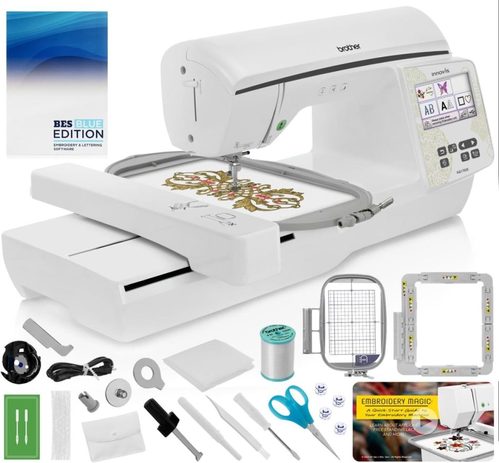 A computerized Brother embroidery machine with an attached embroidery hoop, accessories, software, instruction guides, and sewing tools arranged around it.