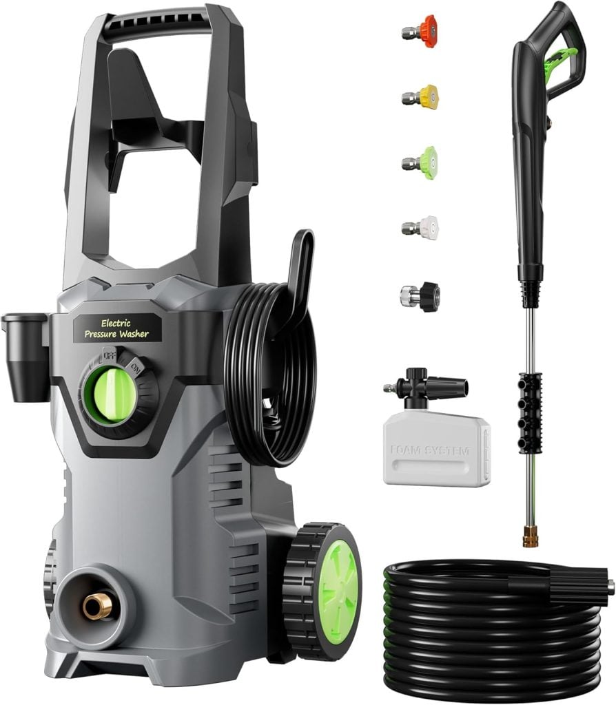 Electric pressure washer with hose, spray gun, four interchangeable nozzles, a foam cannon, and an extension wand, all shown against a white background.
