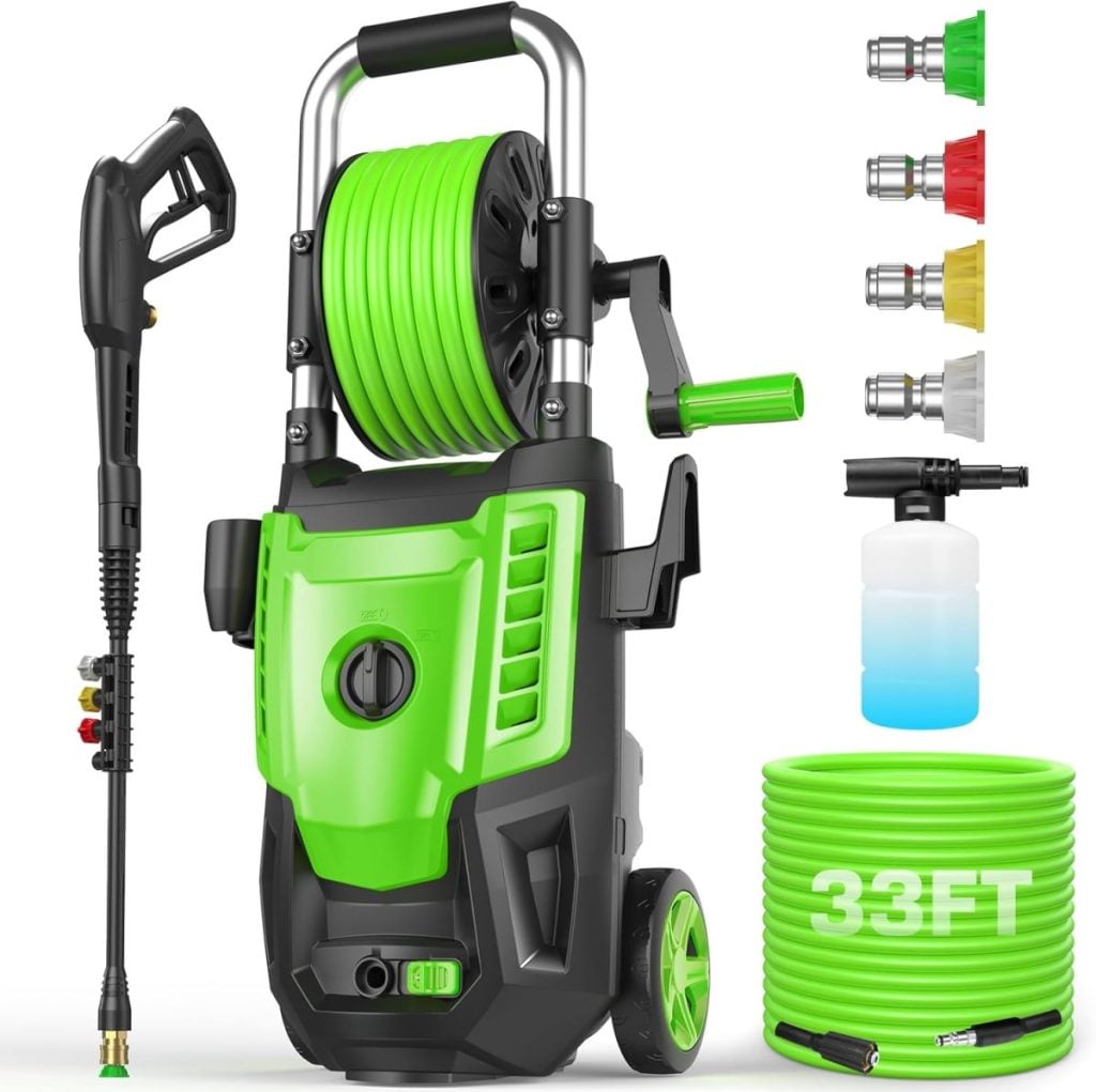 Electric pressure washer with a green reel, spray gun, detergent bottle, four colored spray nozzles, and a coiled 33-foot hose.