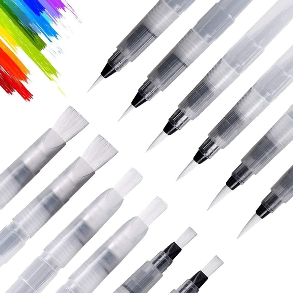 Assorted water brush pens with clear plastic bodies and different brush tip shapes, shown alongside colorful paint strokes on a white background.