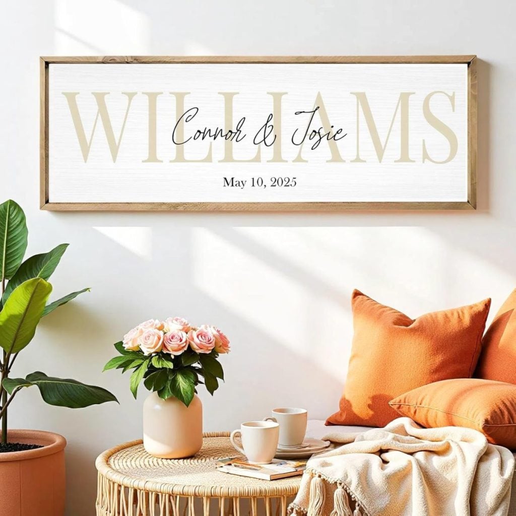 A framed sign with the name for your home reads "WILLIAMS, Connor & Josie, May 10, 2025" above a round table with flowers, two cups, and an orange couch adorned with cushions and a blanket.