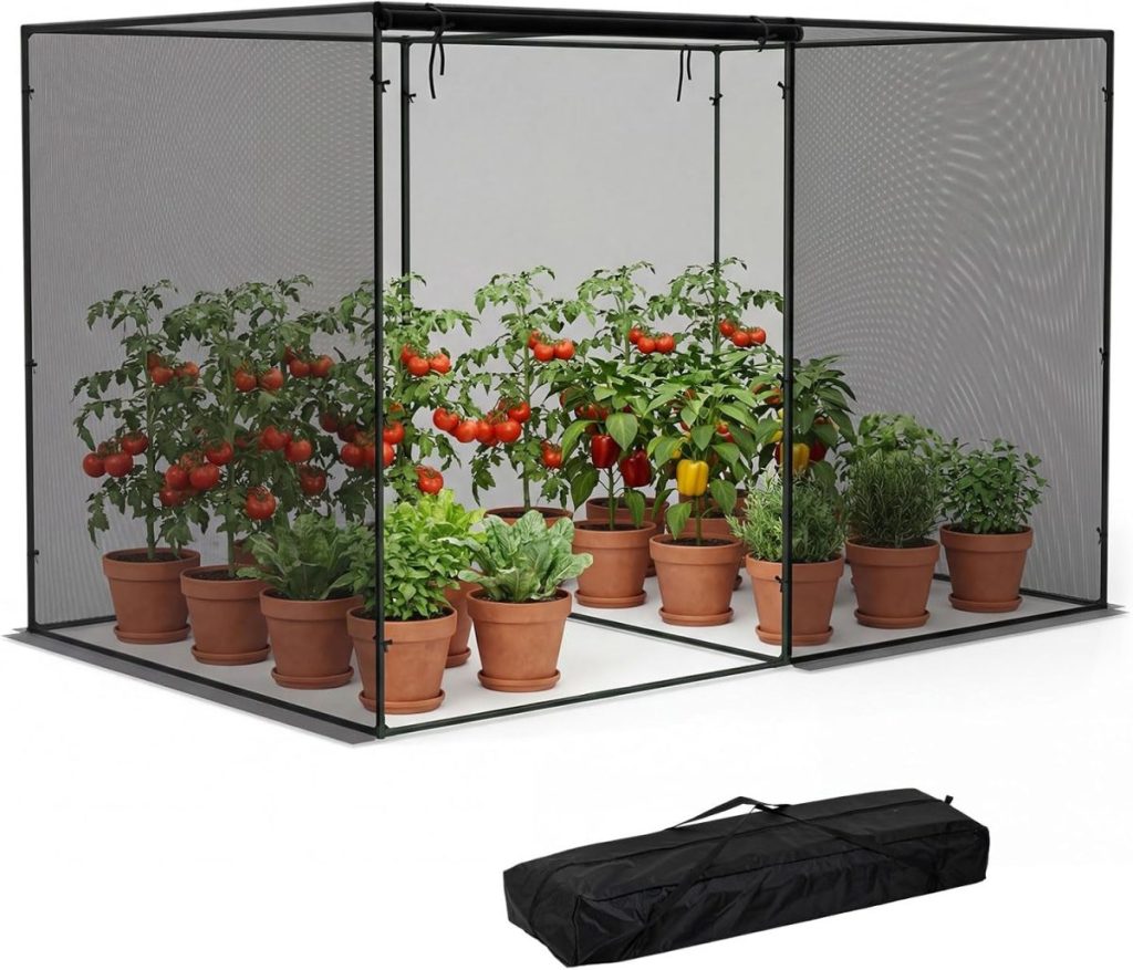 A mesh garden enclosure for how to grow tomatoes, peppers, and herbs in pots, with a black zippered carrying bag placed in front.