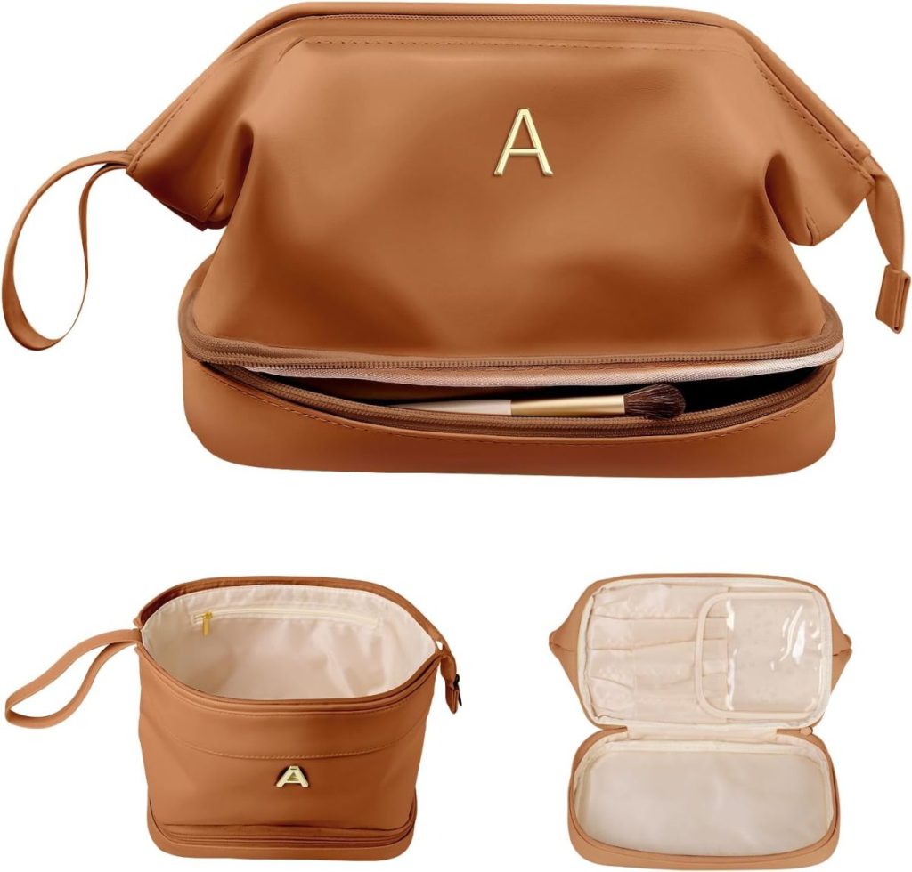 Tan leather cosmetic bag with a gold letter "A" monogram, shown open with makeup brush inside, and closed from two different angles.