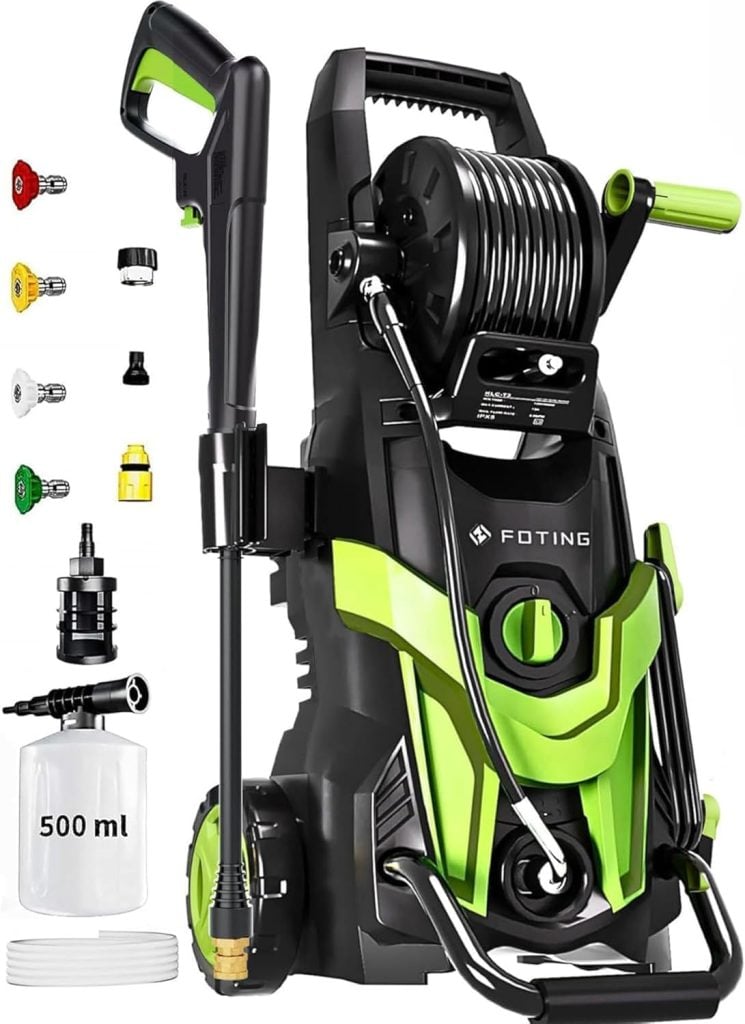 Electric pressure washer with hose reel, spray gun, various nozzle attachments, detergent bottle labeled 500 mL, and coiled power cable, all in black and green colors.