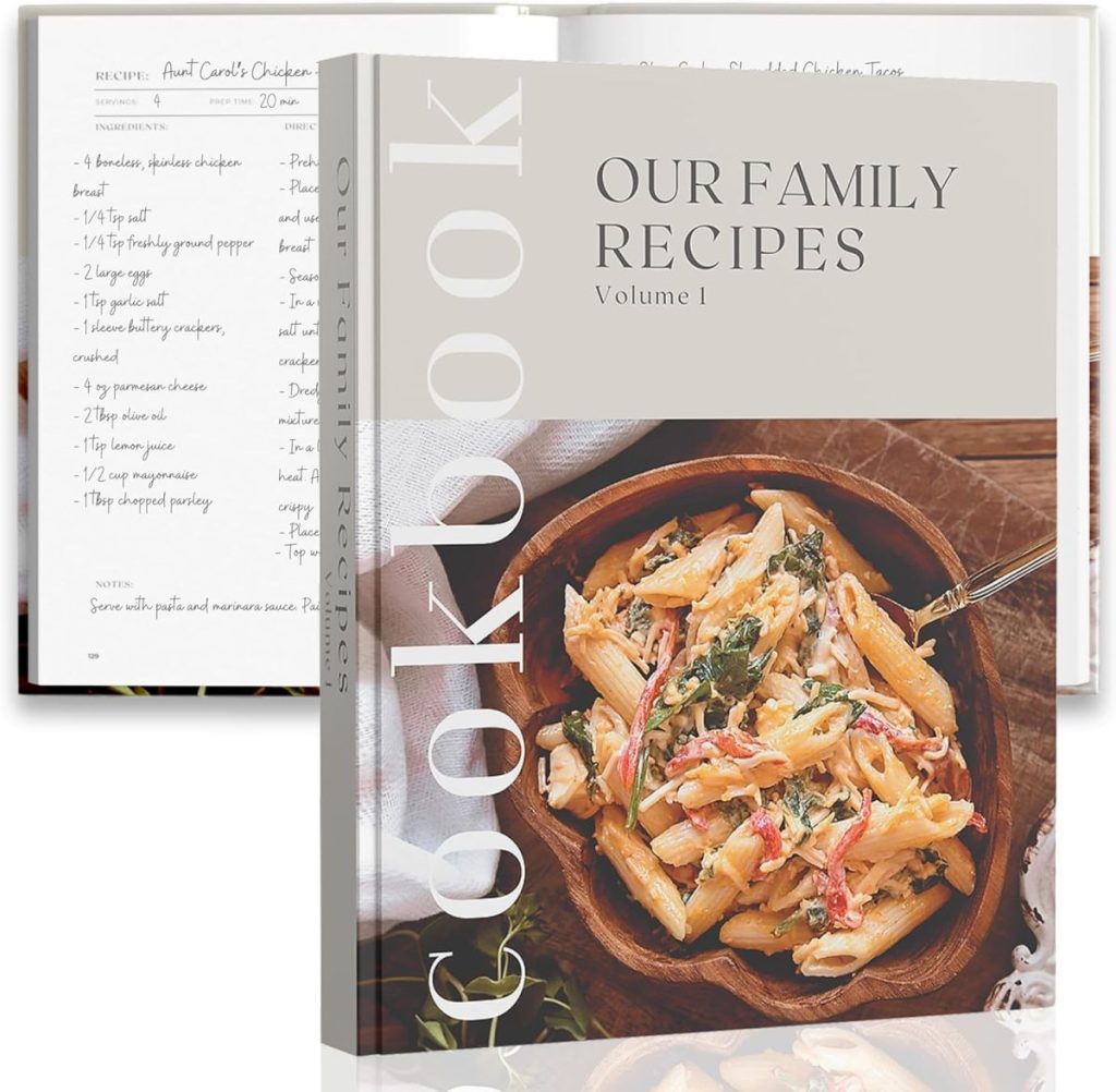 A cookbook titled "Our Family Recipes Volume 1" is shown, featuring a bowl of pasta on the cover and an open page with handwritten recipes in the background.