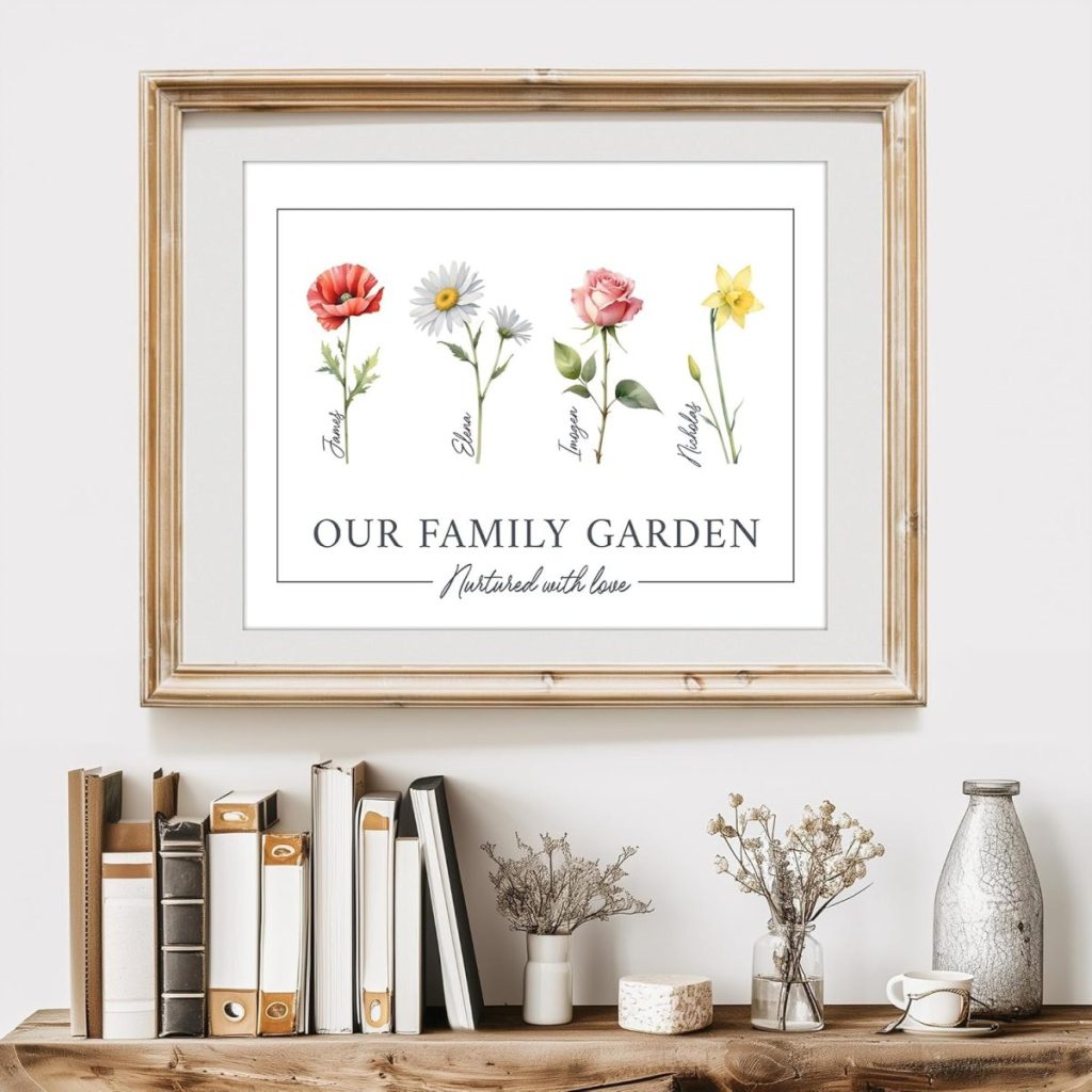 Framed print labeled "Our Family Garden" with illustrated flowers named Faith, Ellen, Jenny, and Mark, displayed above a shelf with books and vases.