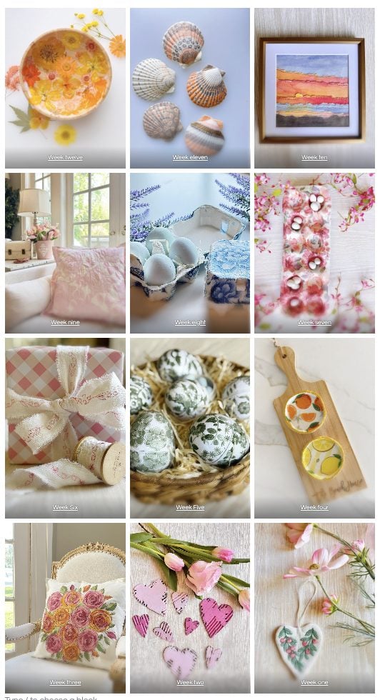 A grid of twelve spring-themed crafts, including painted dishes, seashells, floral pots, framed art, pillows, decorated eggs, and floral decorations arranged in bright, pastel colors.