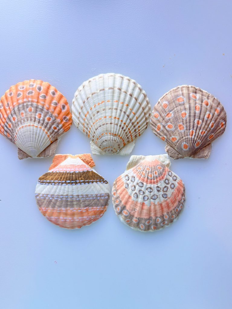 Five colorful scallop shells with unique patterns and shades of orange, white, and brown are arranged in two rows on a plain light background.