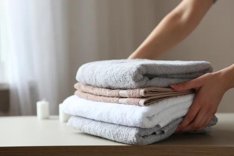 A person arranging a stack of folded towels in gray, beige, and white on a table indoors.