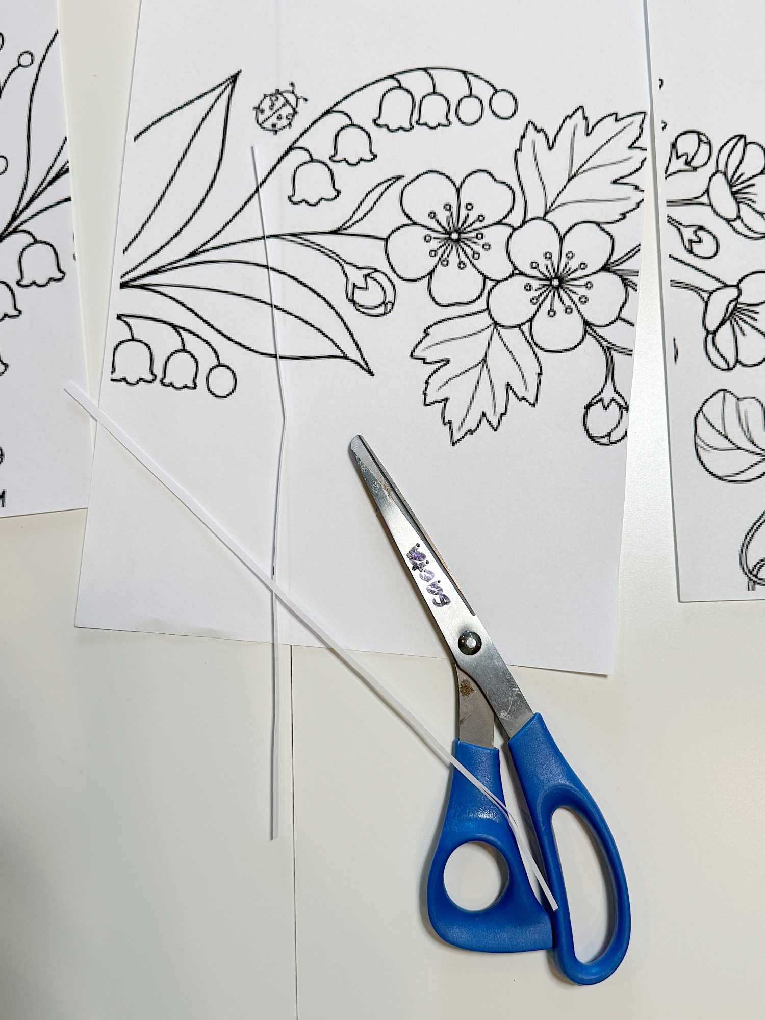 A pair of blue-handled scissors rests on black-and-white floral coloring pages, with a thin strip of white paper cut from one sheet.