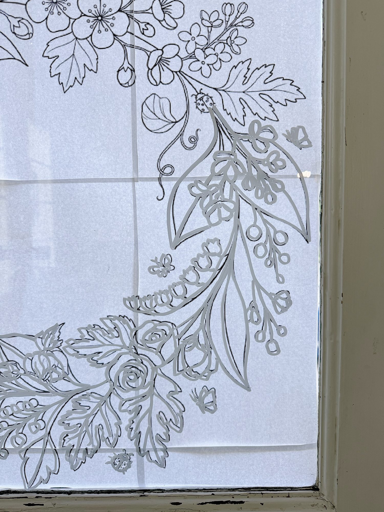 Black and white line drawing of flowers and leaves taped to a glass window, viewed from inside, with part of a window frame on the right.