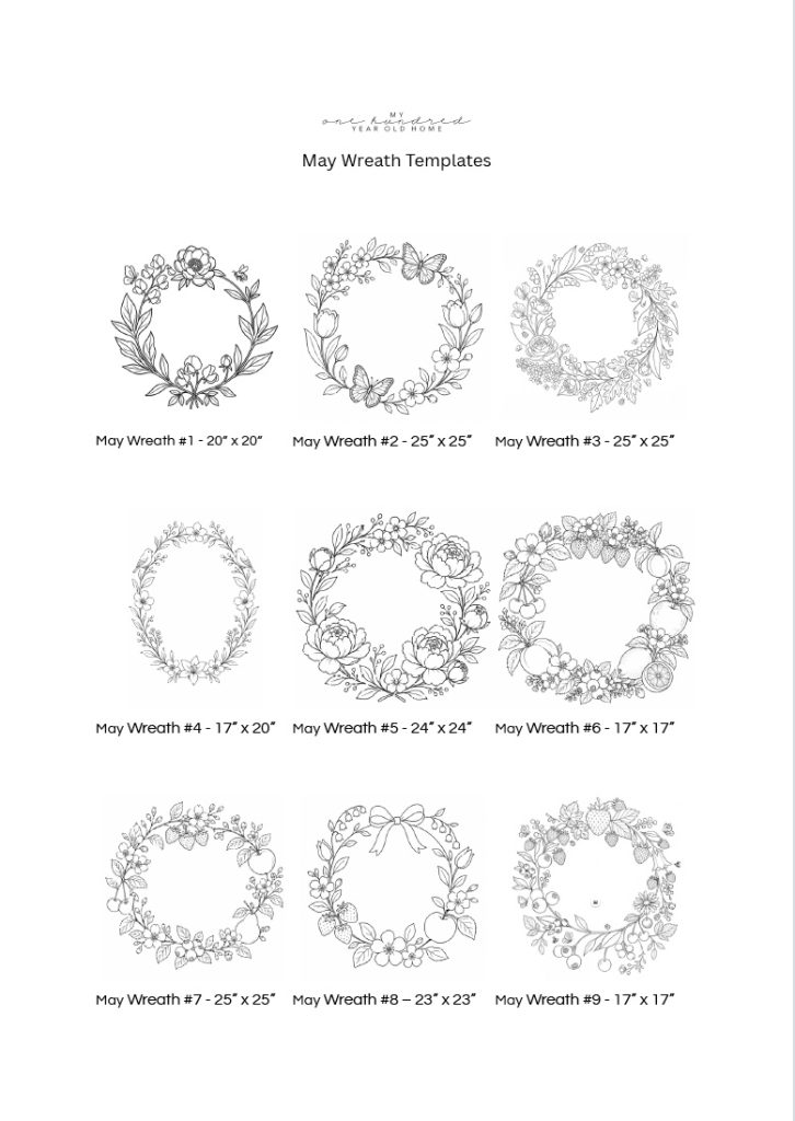 A set of nine black and white floral window wreaths templates, each labeled with a number and dimensions, arranged in a 3x3 grid on a white background.