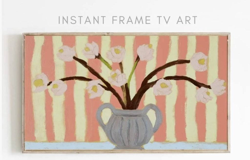 A painting of a gray vase with pink flowers and brown stems, set against a background of vertical pink and yellow stripes.