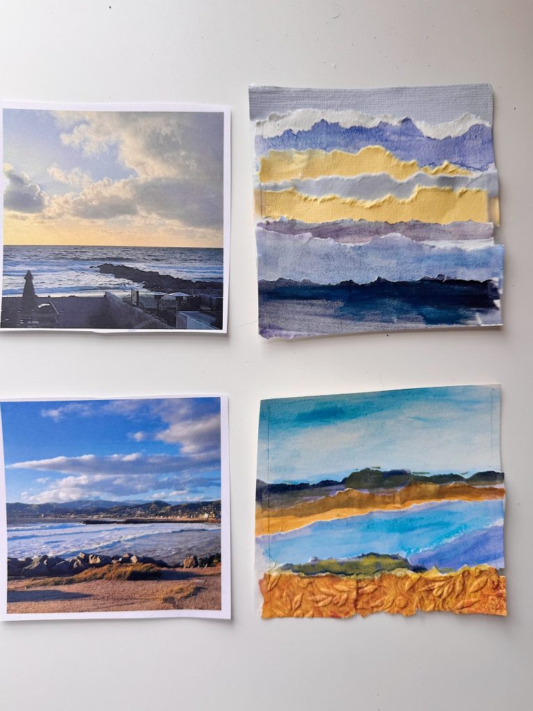 Two printed landscape photos are paired with their corresponding mixed media art interpretations, each set displayed side by side on a white surface.