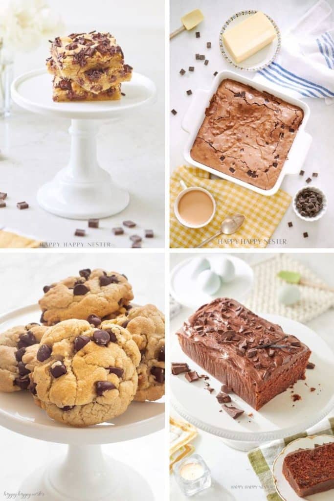 A collage of four images: blondie bars on a cake stand, a pan of baked brownies, a plate of chocolate chip cookies, and a loaf of chocolate cake with frosting and chocolate pieces.
