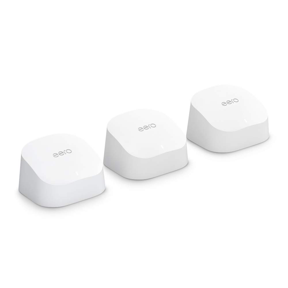 Three white Eero Wi-Fi mesh router units are arranged in a row on a white background, ready to keep you connected as summer is coming.