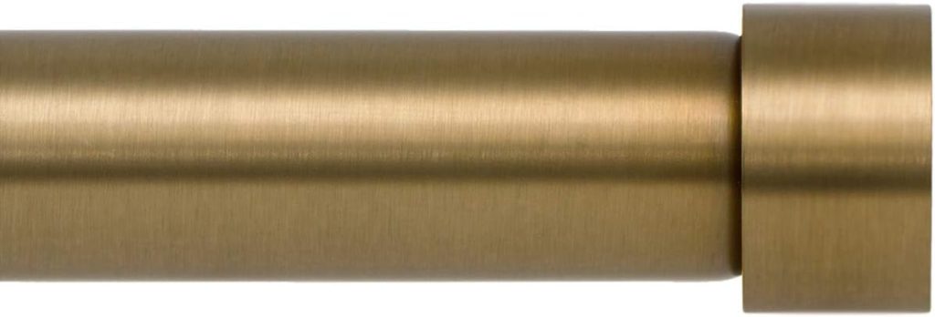 Close-up of a brushed brass curtain rod with a matching cylindrical finial against a white background.