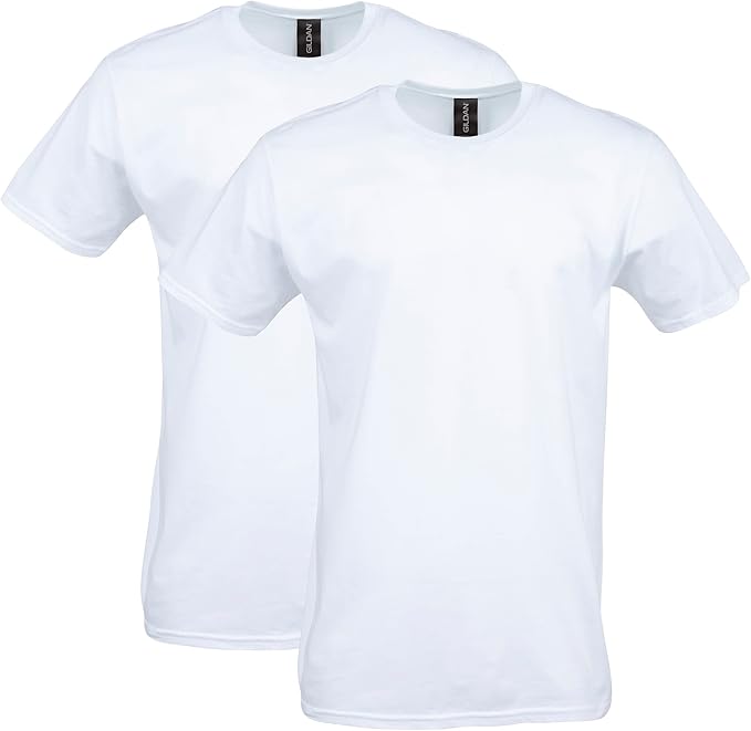 Two plain white short-sleeve crew neck t-shirts are displayed side by side against a white background.
