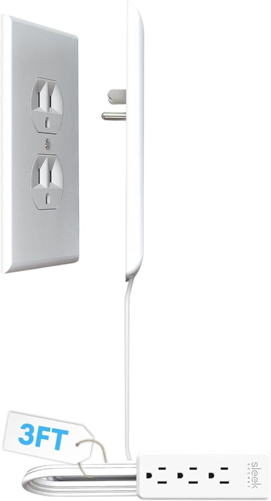 A wall outlet with a low-profile plug adapter connected to a 3-foot extension cord and a white power strip with three outlets—perfect for adding extra power as summer is coming.