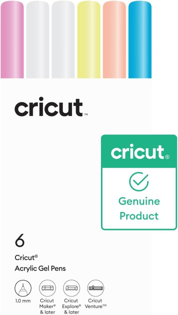 Six-pack of Cricut acrylic gel pens in assorted colors, shown in packaging labeled as a genuine Cricut product compatible with various Cricut machines.