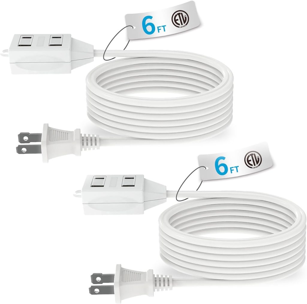 Two white 6-foot extension cords with USB ports and standard electrical plugs are coiled, each labeled "6 FT" and "ETL".
