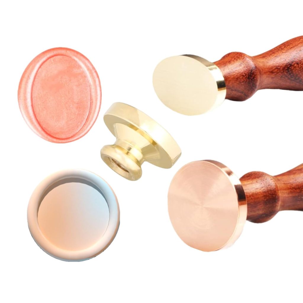 Three brass wax seal stamps with wooden handles are displayed alongside two examples of circular wax seals on a white background.