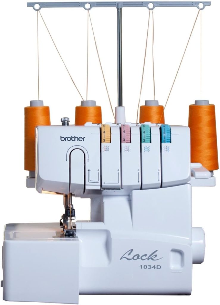 A Brother Lock 1034D serger sewing machine with four spool threads, tension dials, and needle area visible against a white background.