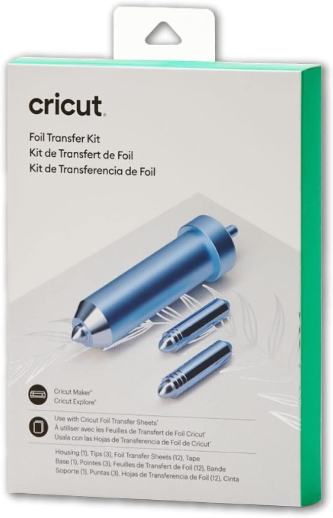 Cricut Foil Transfer Kit box showing three foil transfer tools for use with Cricut Maker and Cricut Explore machines. Text on the box describes kit contents and compatibility.