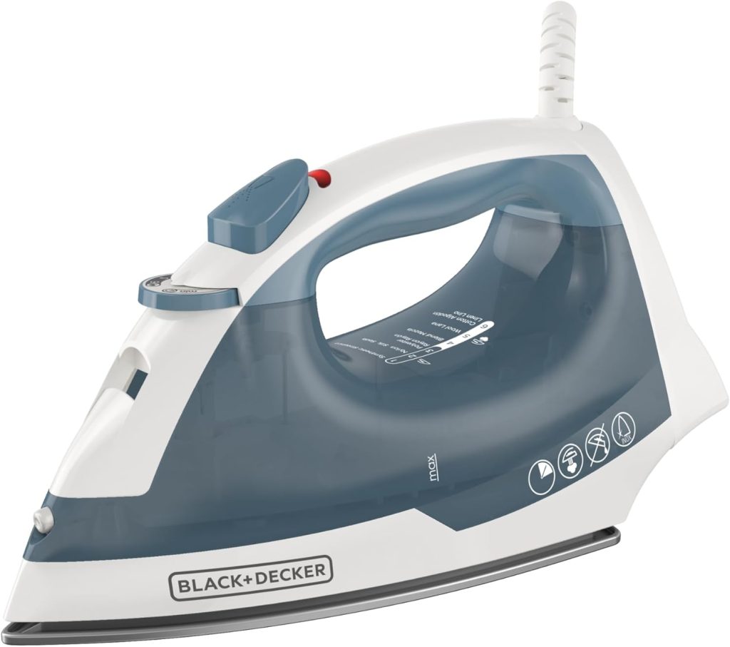 A BLACK+DECKER electric steam iron with a blue and white body, a transparent water reservoir, and a pointed soleplate.