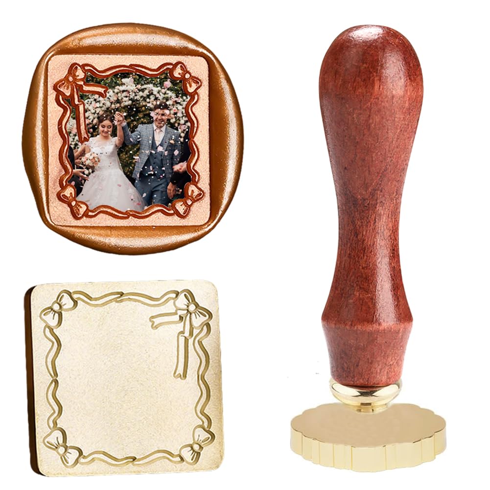 A brass and wood wax seal stamp with a decorative square design, shown next to a wax seal imprint featuring a wedding couple&mdash;perfect for adding elegant wax seals to your invitations.