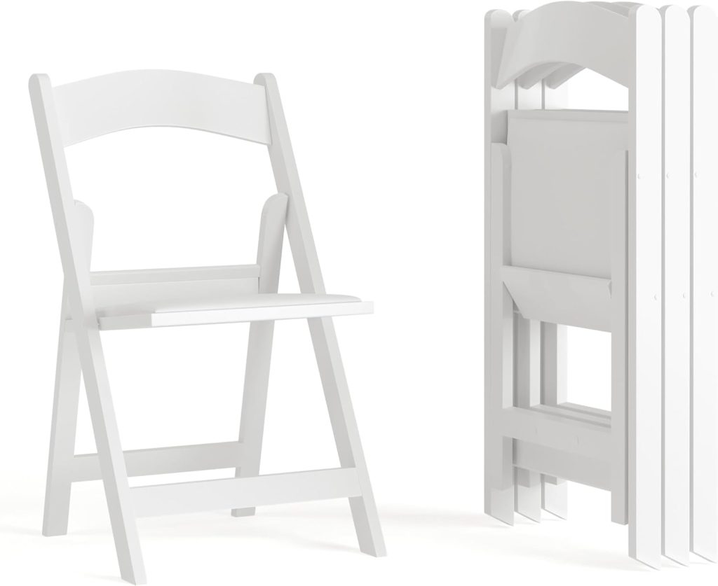 A white wooden folding chair is shown open on the left, with three identical folded chairs stacked vertically on the right.