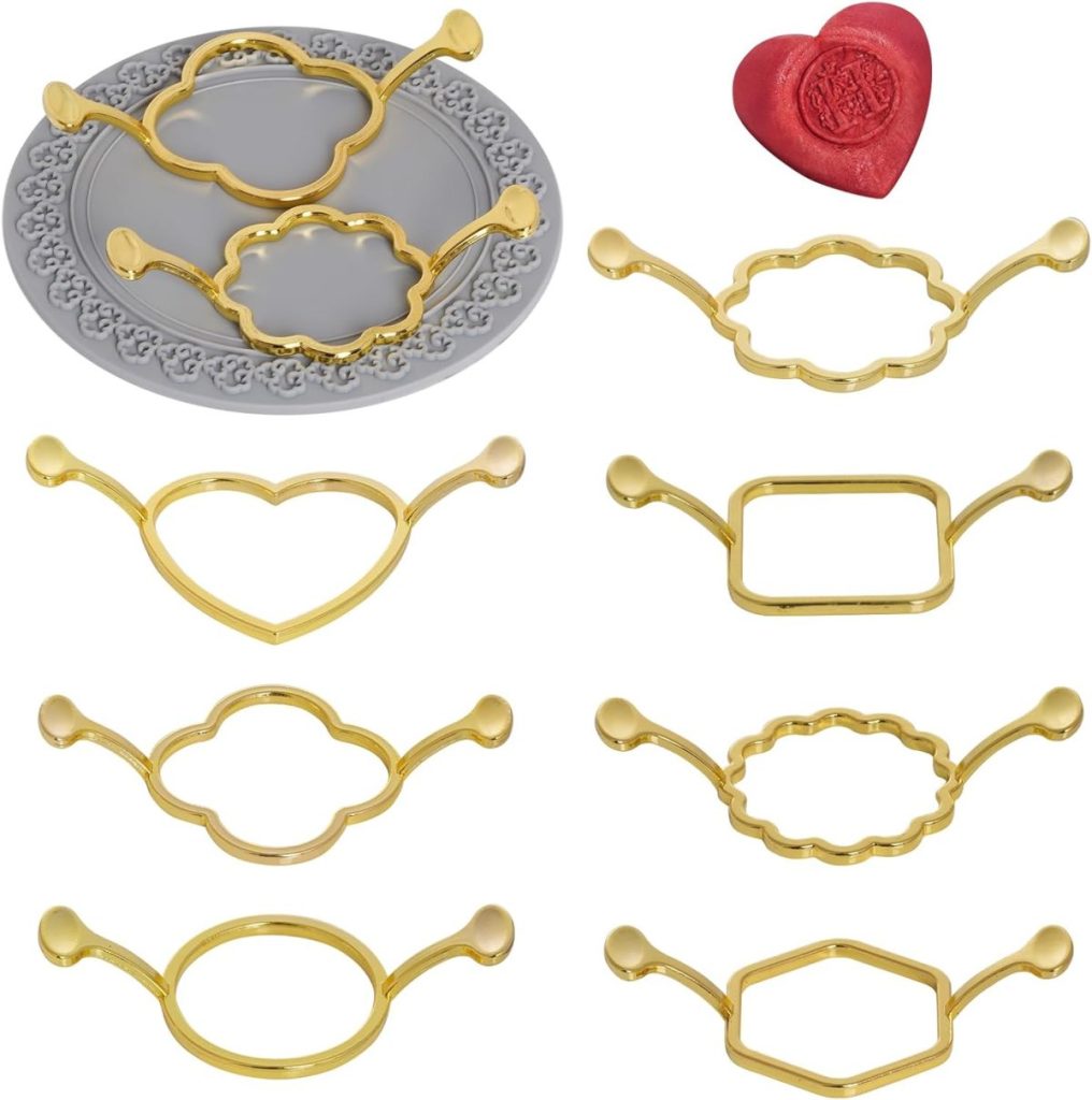 Seven gold-colored wax seal stamp frames in various shapes, a gray plate, and a red wax seal with a heart and floral design showcase the elegance of decorative wax seals.