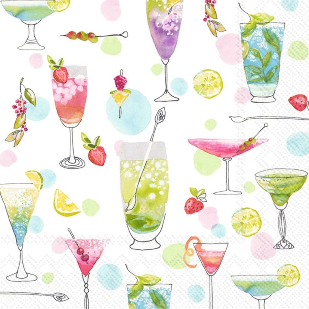 Various colorful cocktails and garnishes, including lemon slices, berries, and mint leaves, are illustrated on a white background with pastel dots.