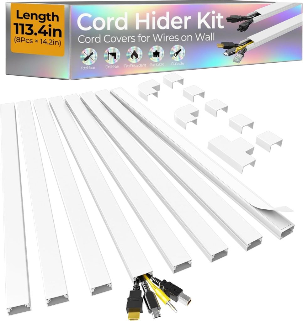 Summer is coming—keep your space tidy with this Cord Hider Kit. It includes eight white cord cover channels, connectors, and corner pieces for organizing wires on walls; total length is 113.4 inches.